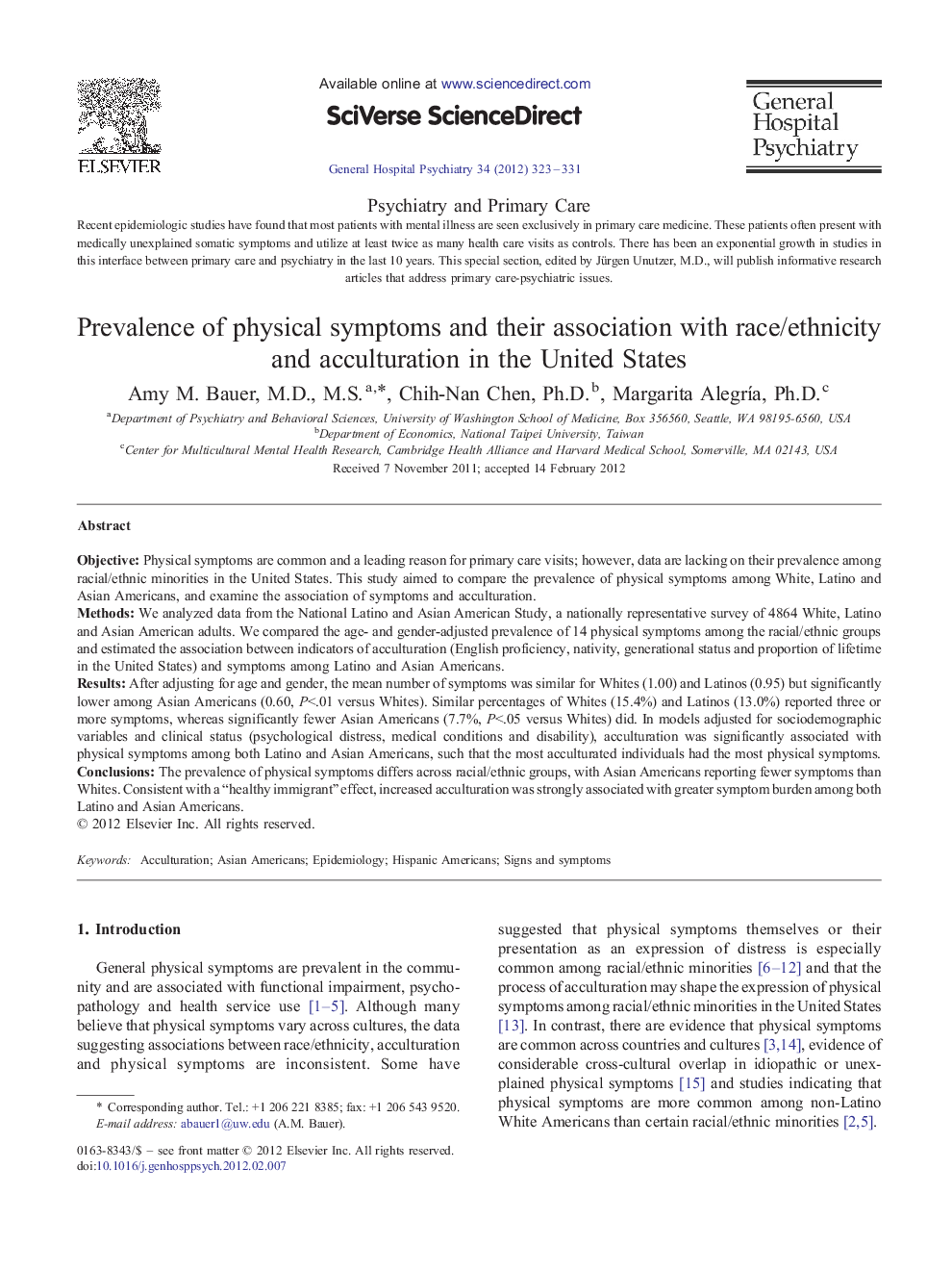 Psychiatry and Primary Care1Prevalence of physical symptoms and their association with race/ethnicity and acculturation in the United States