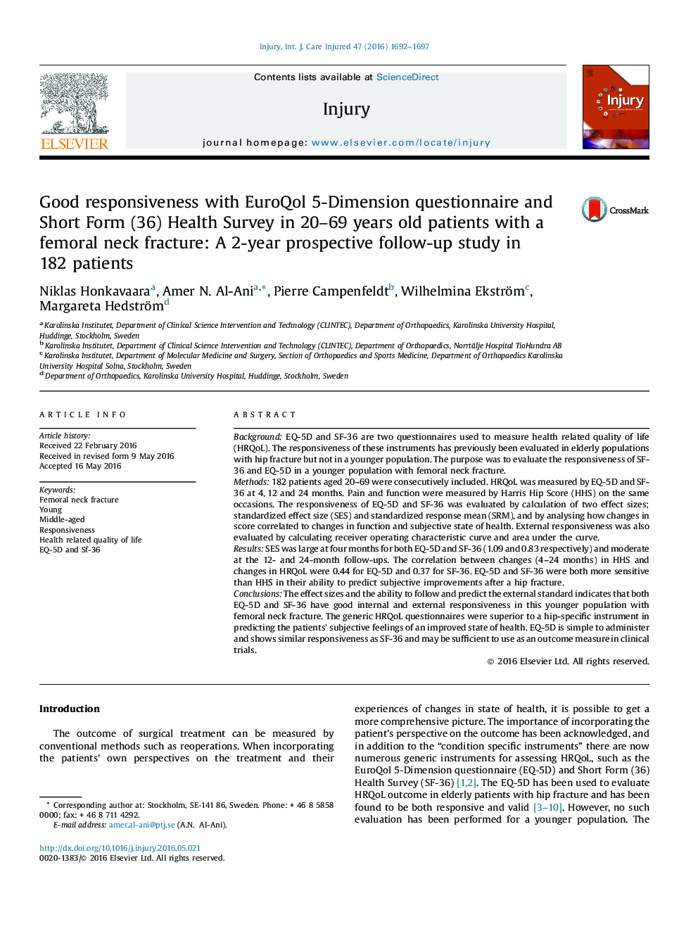 Good responsiveness with EuroQol 5-Dimension questionnaire and Short Form (36) Health Survey in 20-69 years old patients with a femoral neck fracture: A 2-year prospective follow-up study in 182 patients