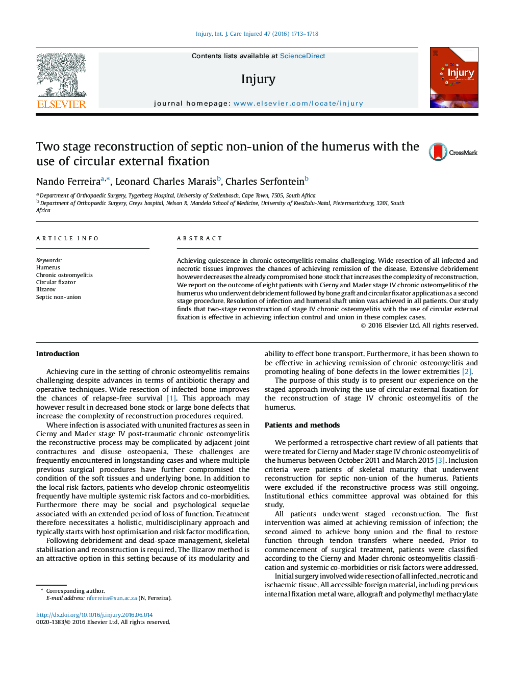 Two stage reconstruction of septic non-union of the humerus with the use of circular external fixation