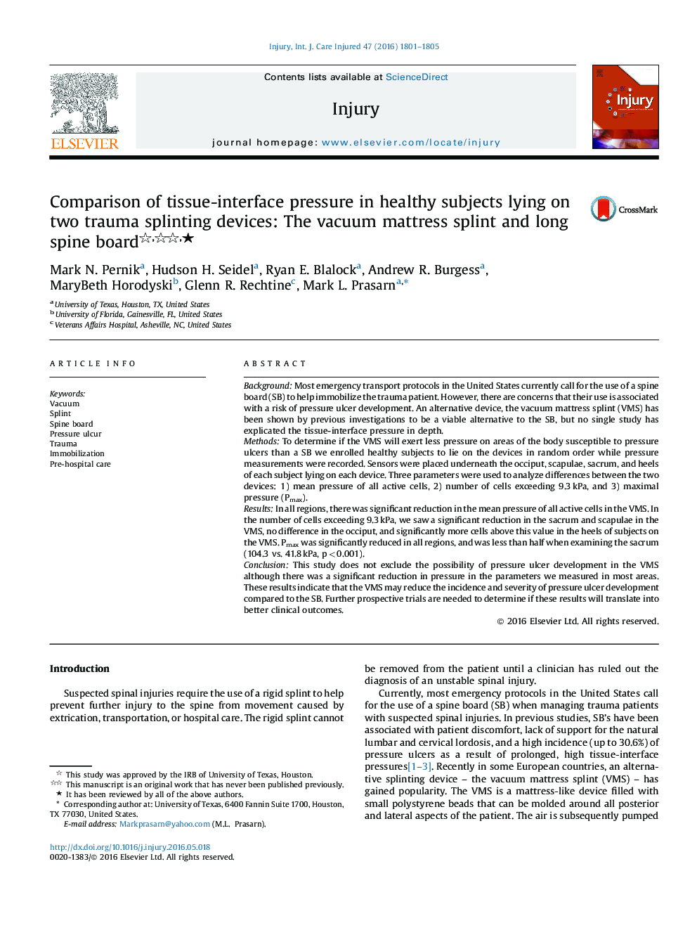 Comparison of tissue-interface pressure in healthy subjects lying on two trauma splinting devices: The vacuum mattress splint and long spine boardâ