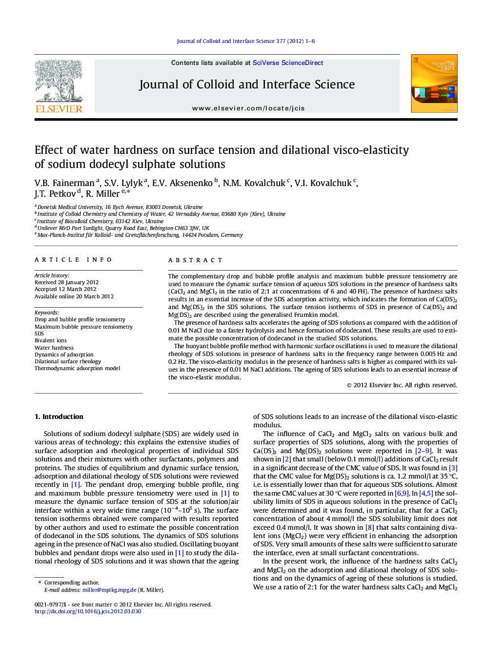 Effect of water hardness on surface tension and dilational visco-elasticity of sodium dodecyl sulphate solutions