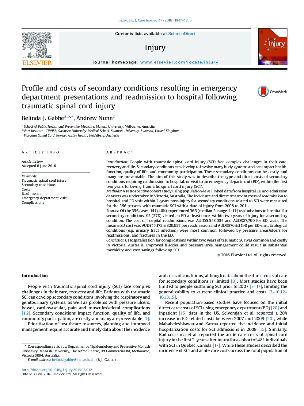 Profile and costs of secondary conditions resulting in emergency department presentations and readmission to hospital following traumatic spinal cord injury