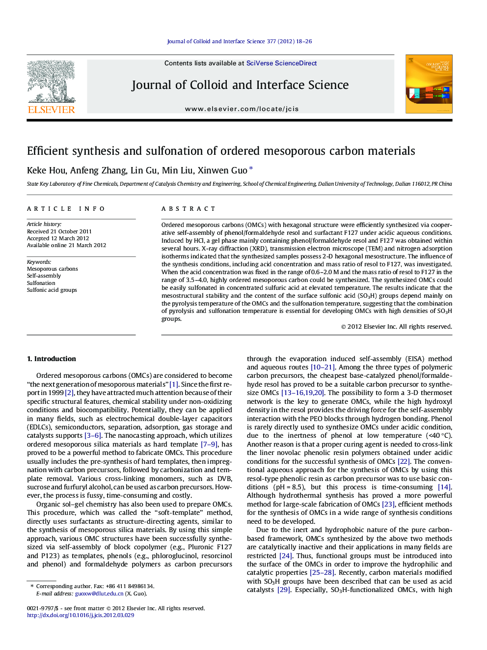 Efficient synthesis and sulfonation of ordered mesoporous carbon materials