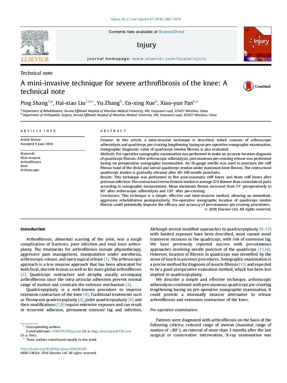 Technical noteA mini-invasive technique for severe arthrofibrosis of the knee: A technical note