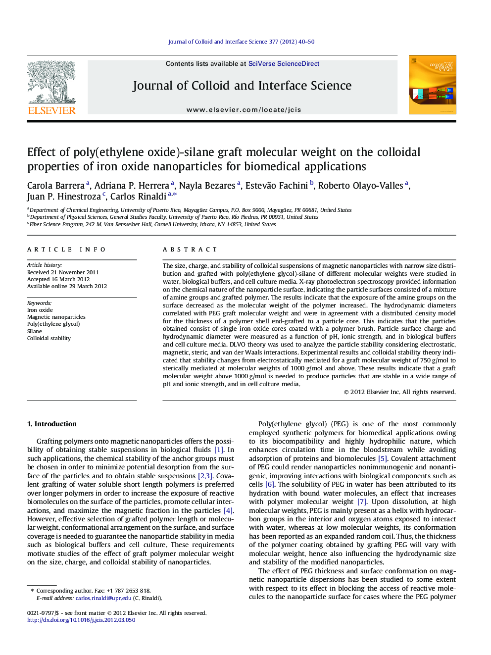 Effect of poly(ethylene oxide)-silane graft molecular weight on the colloidal properties of iron oxide nanoparticles for biomedical applications