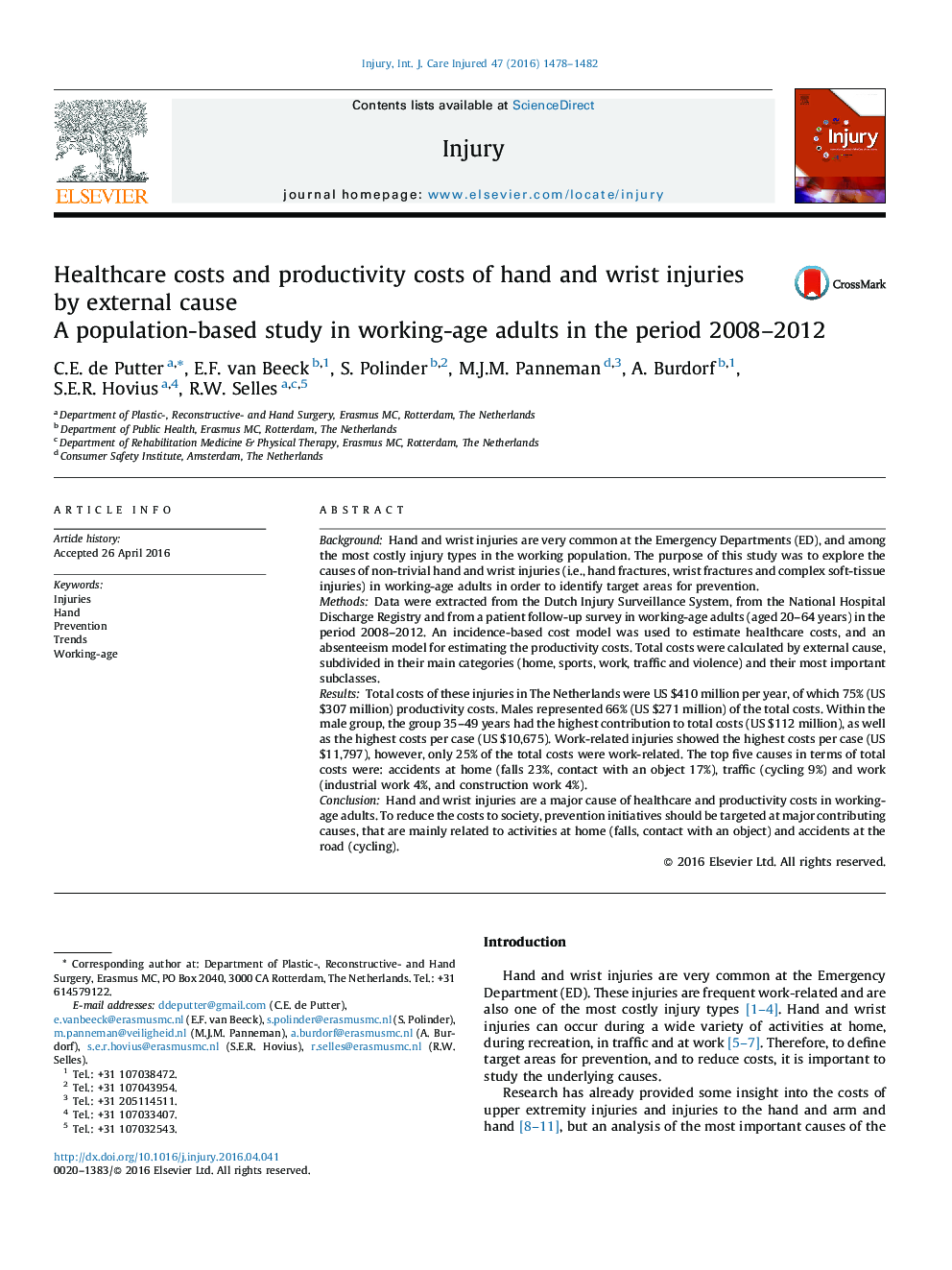 Healthcare costs and productivity costs of hand and wrist injuries by external cause: A population-based study in working-age adults in the period 2008-2012
