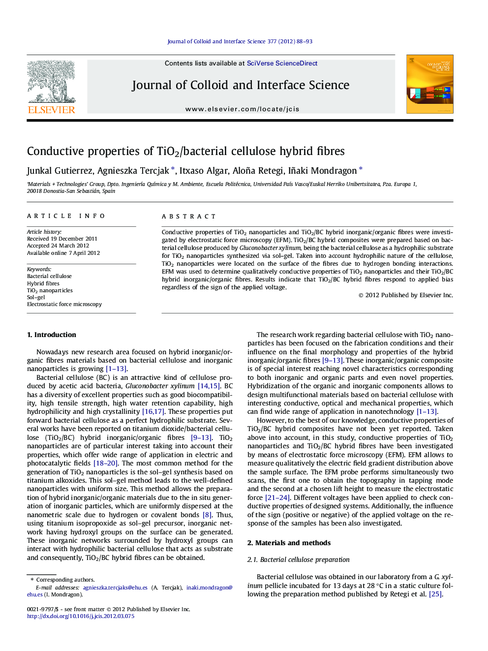 Conductive properties of TiO2/bacterial cellulose hybrid fibres