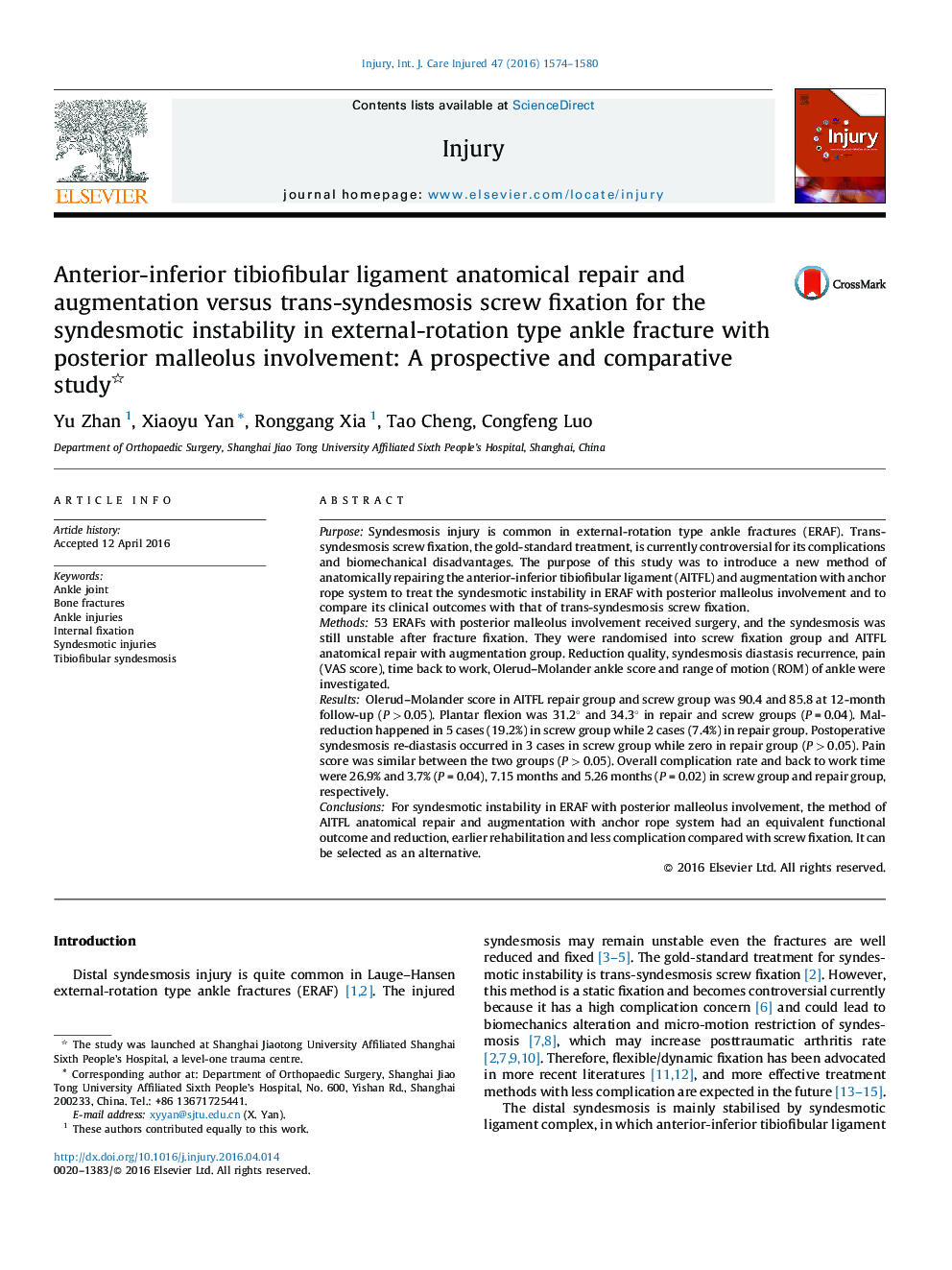 Anterior-inferior tibiofibular ligament anatomical repair and augmentation versus trans-syndesmosis screw fixation for the syndesmotic instability in external-rotation type ankle fracture with posterior malleolus involvement: A prospective and comparative