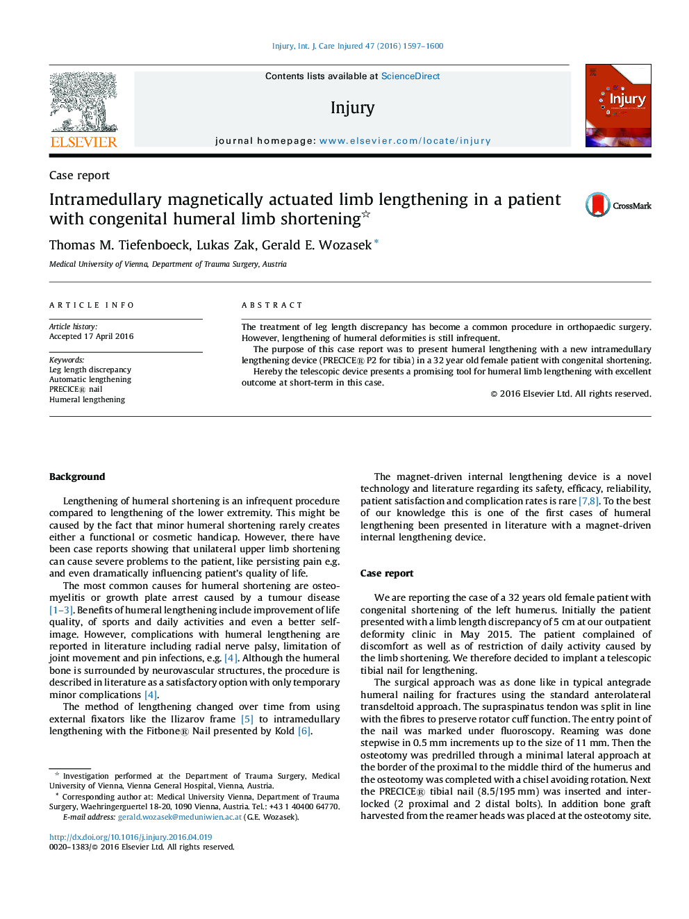 Case reportIntramedullary magnetically actuated limb lengthening in a patient with congenital humeral limb shortening