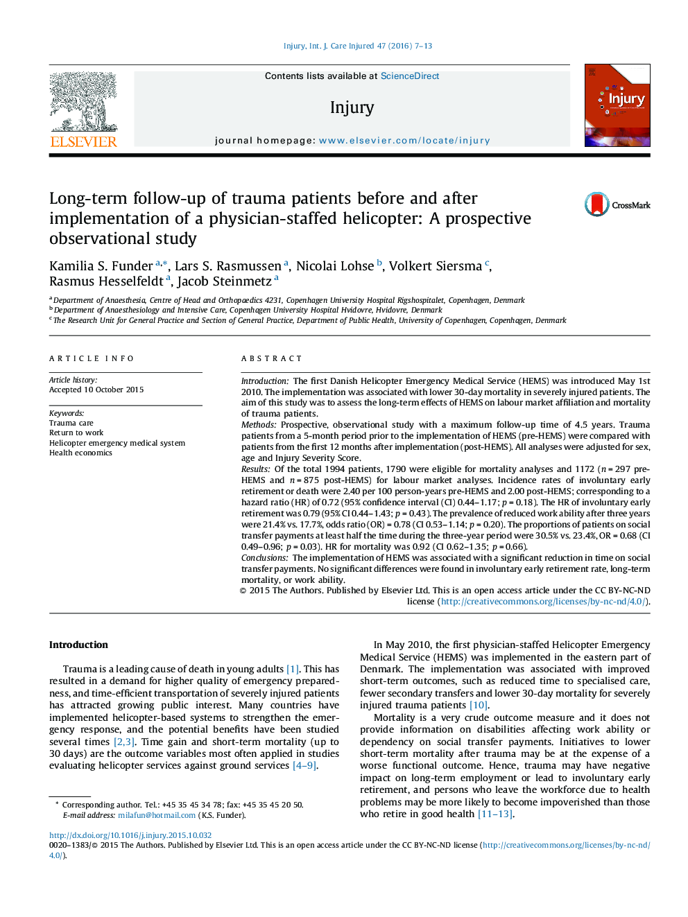 Long-term follow-up of trauma patients before and after implementation of a physician-staffed helicopter: A prospective observational study