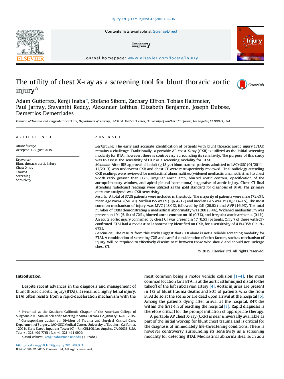 The utility of chest X-ray as a screening tool for blunt thoracic aortic injury