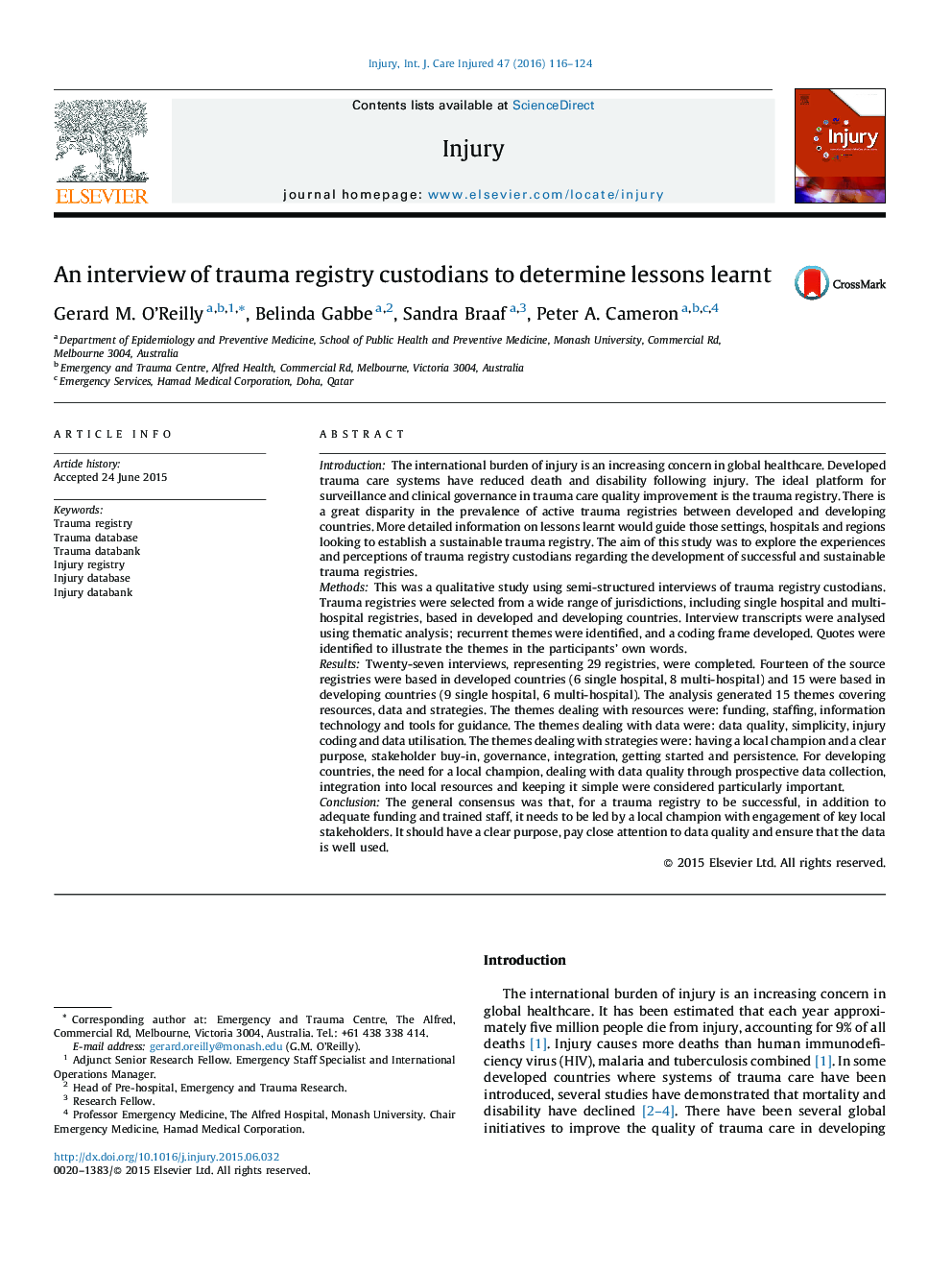 An interview of trauma registry custodians to determine lessons learnt