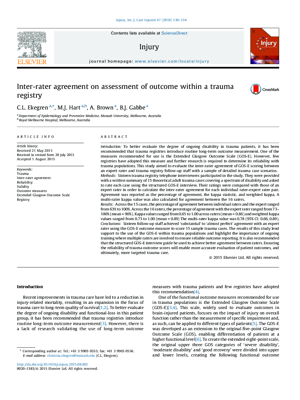 Inter-rater agreement on assessment of outcome within a trauma registry