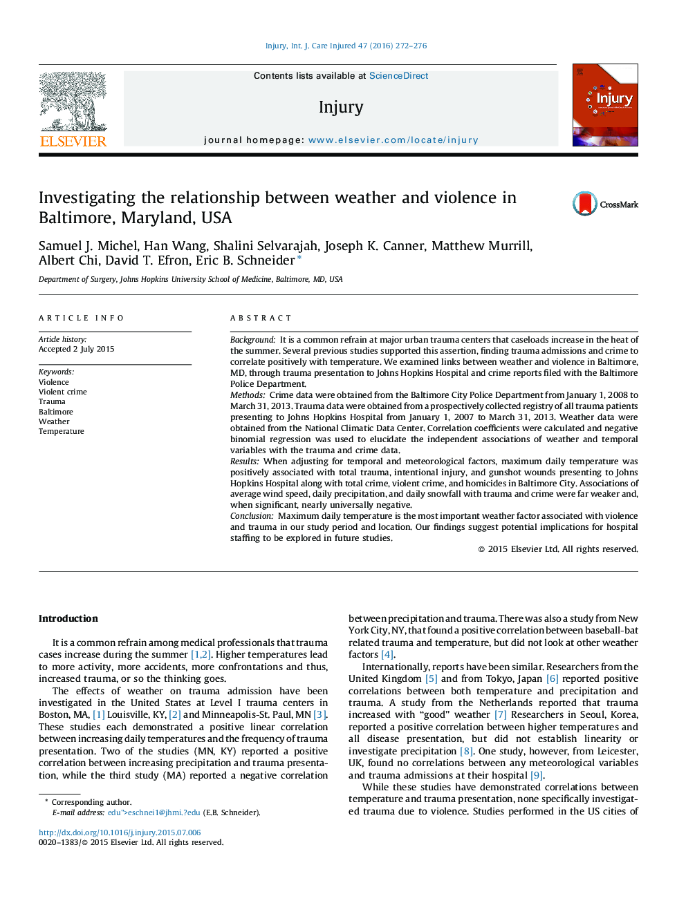 Investigating the relationship between weather and violence in Baltimore, Maryland, USA