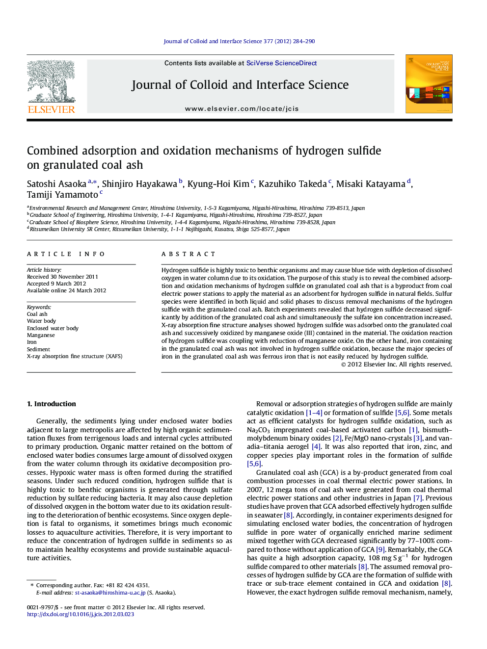 Combined adsorption and oxidation mechanisms of hydrogen sulfide on granulated coal ash