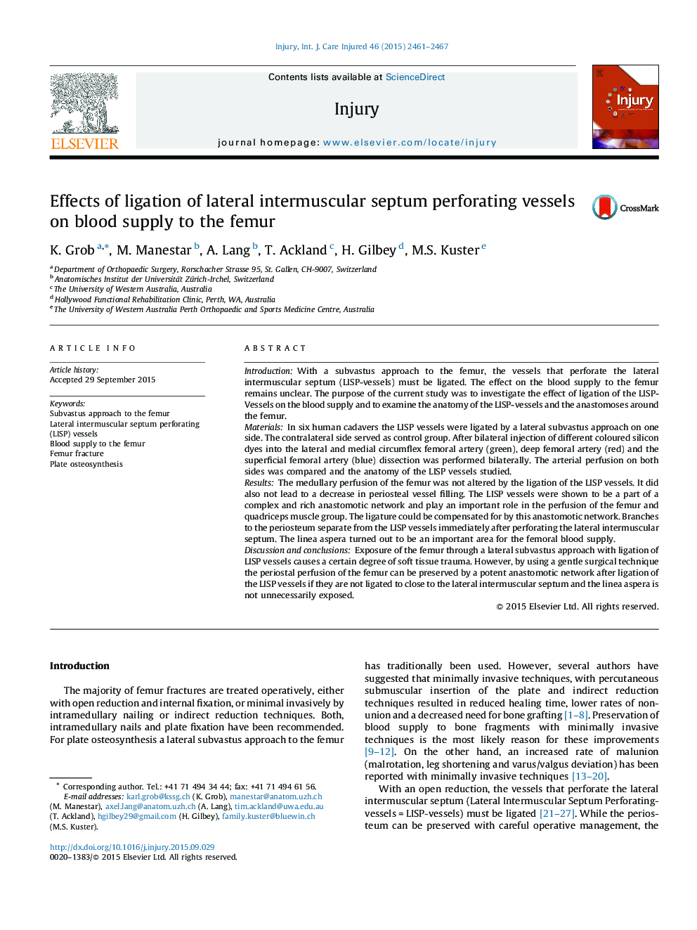 Effects of ligation of lateral intermuscular septum perforating vessels on blood supply to the femur