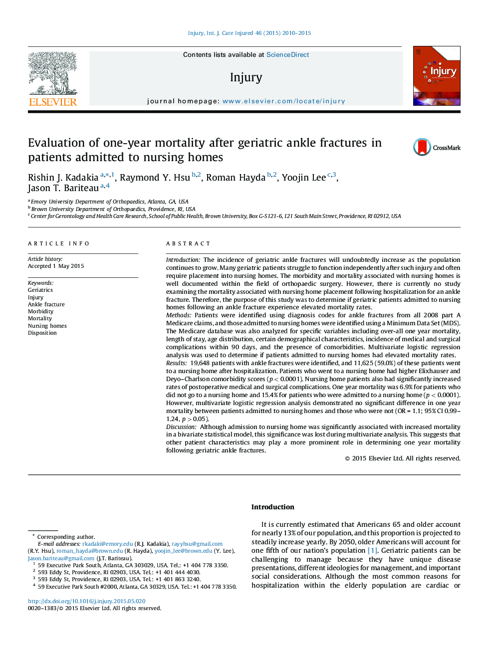 Evaluation of one-year mortality after geriatric ankle fractures in patients admitted to nursing homes