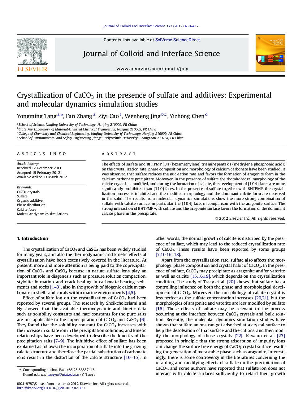 Crystallization of CaCO3 in the presence of sulfate and additives: Experimental and molecular dynamics simulation studies