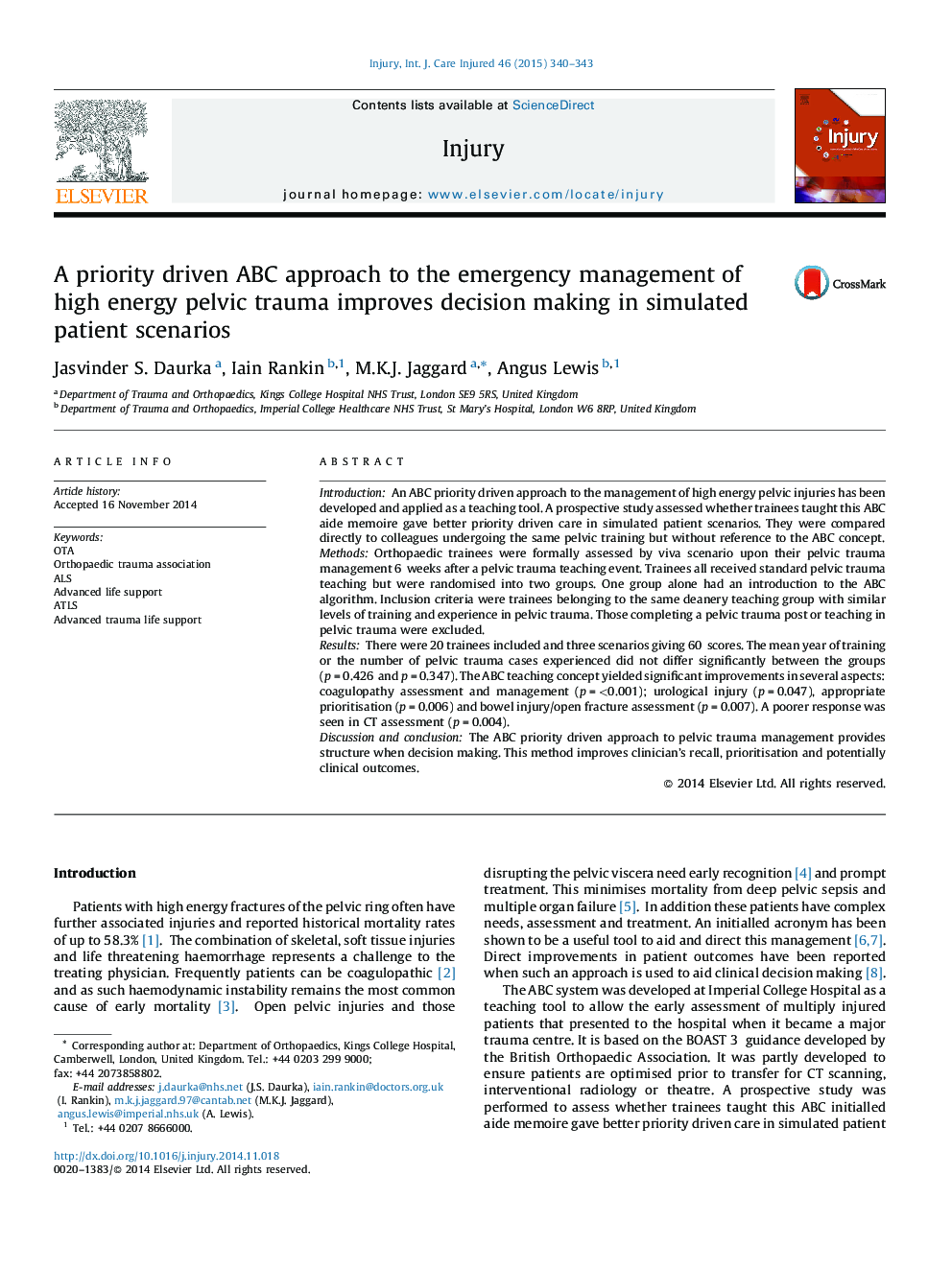 A priority driven ABC approach to the emergency management of high energy pelvic trauma improves decision making in simulated patient scenarios