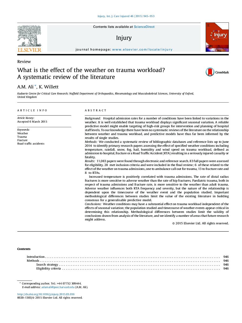 ReviewWhat is the effect of the weather on trauma workload? A systematic review of the literature