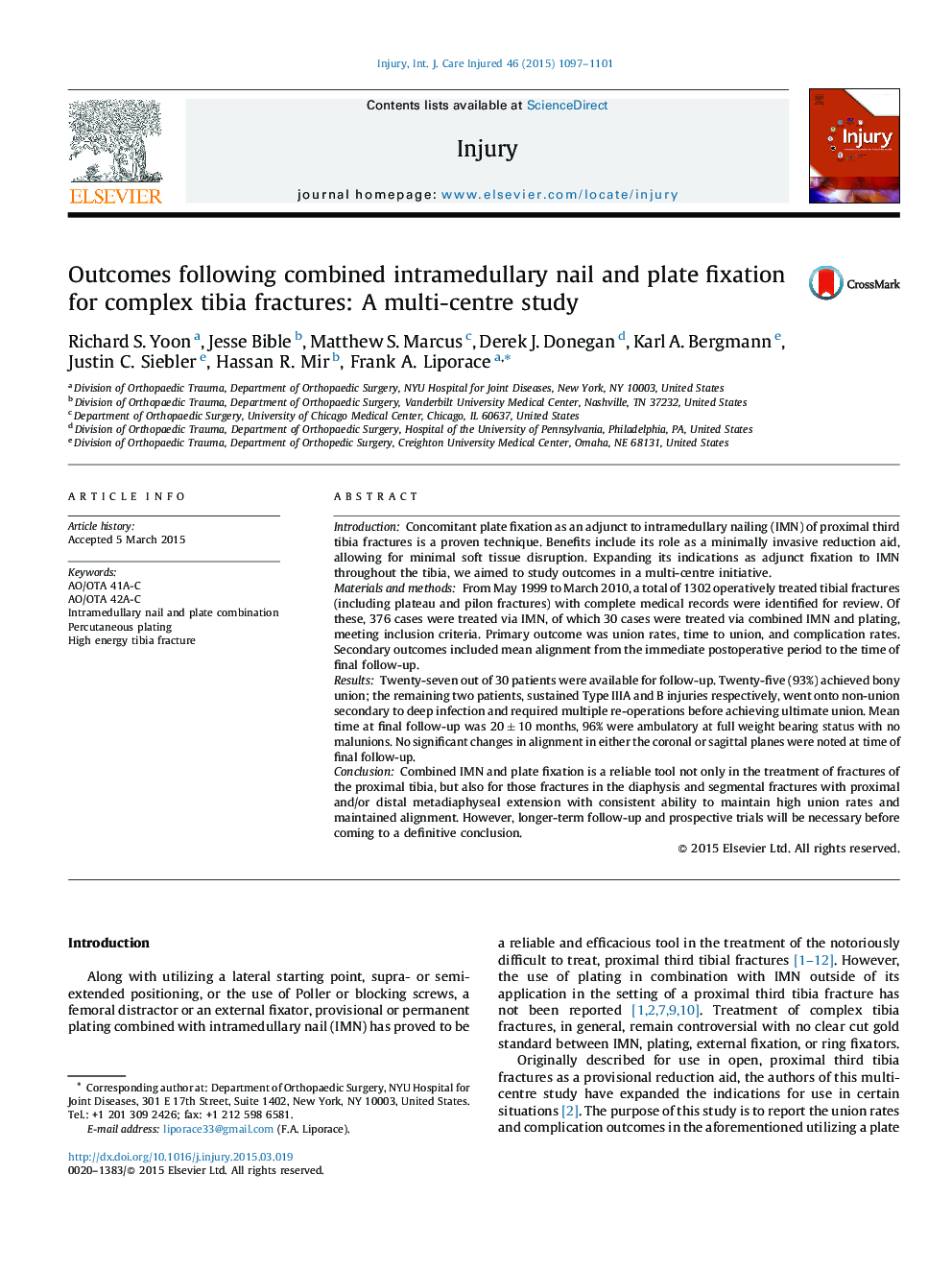 Outcomes following combined intramedullary nail and plate fixation for complex tibia fractures: A multi-centre study