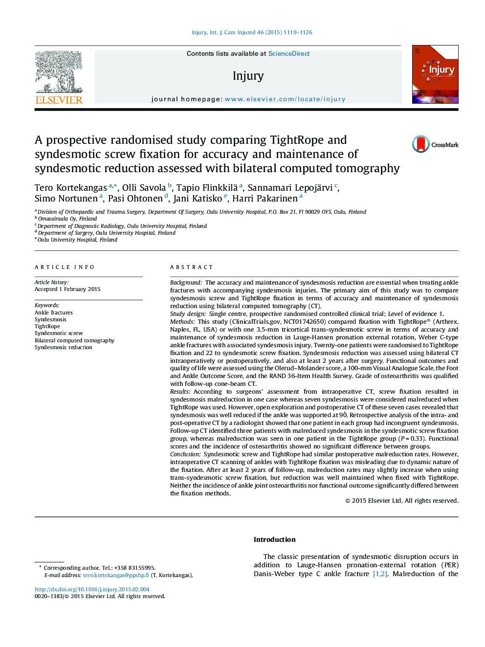 A prospective randomised study comparing TightRope and syndesmotic screw fixation for accuracy and maintenance of syndesmotic reduction assessed with bilateral computed tomography