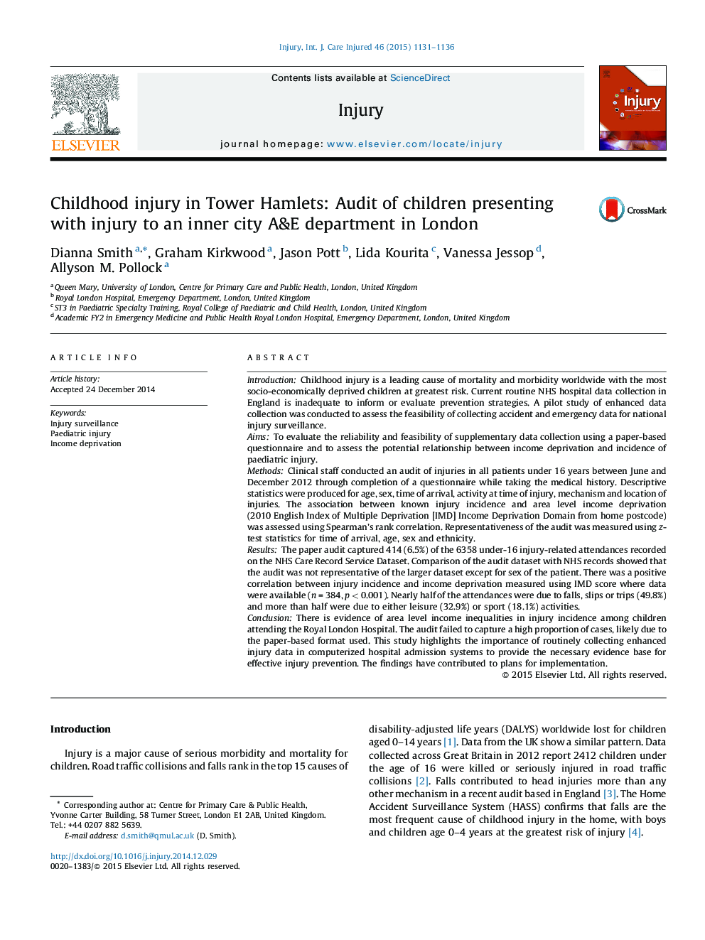 Childhood injury in Tower Hamlets: Audit of children presenting with injury to an inner city A&E department in London