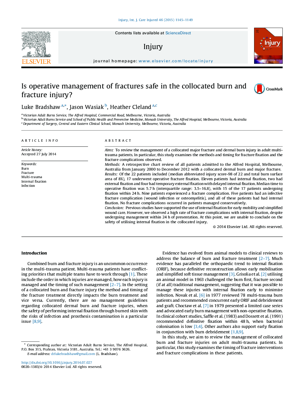 Is operative management of fractures safe in the collocated burn and fracture injury?