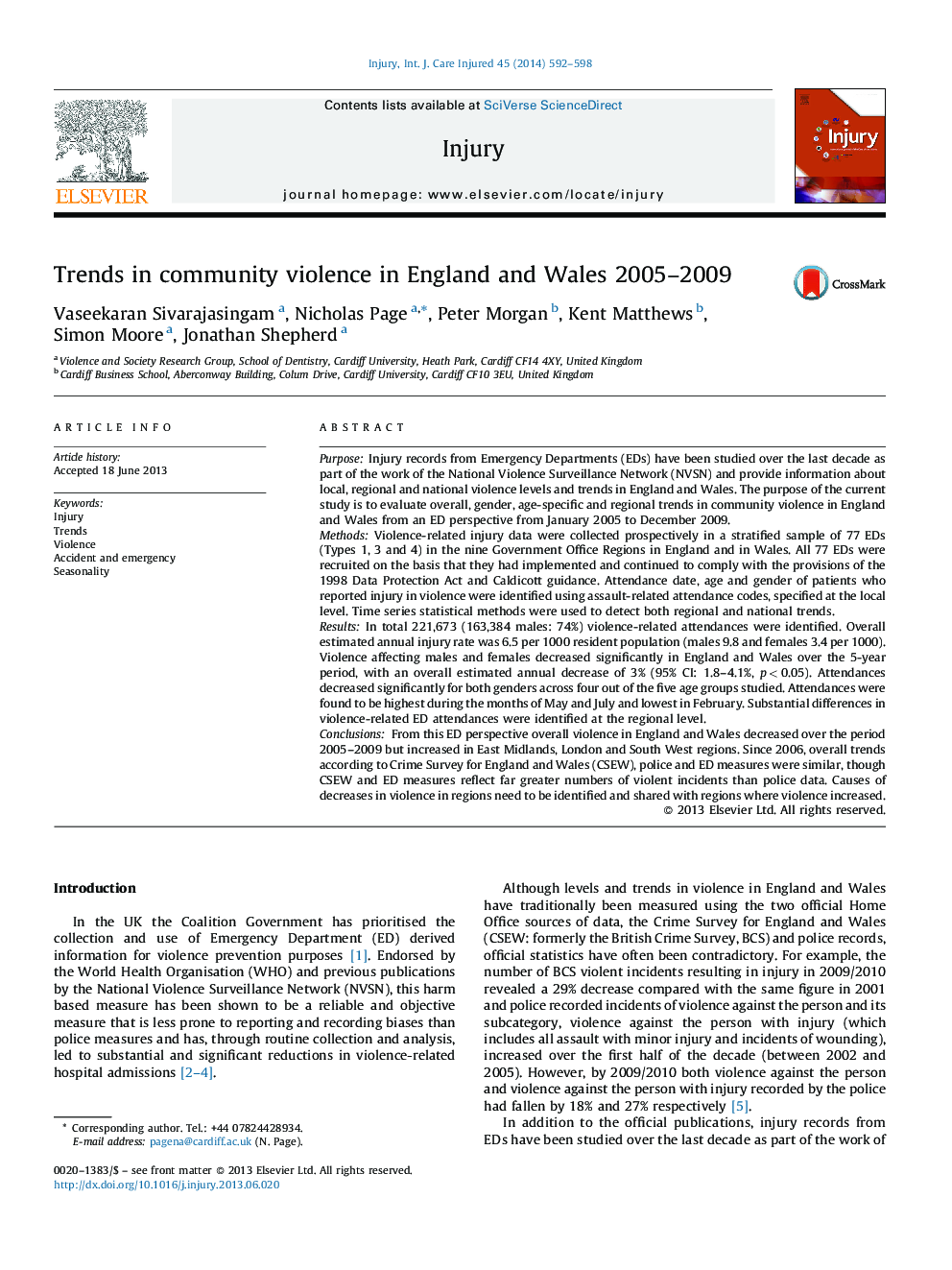 Trends in community violence in England and Wales 2005-2009