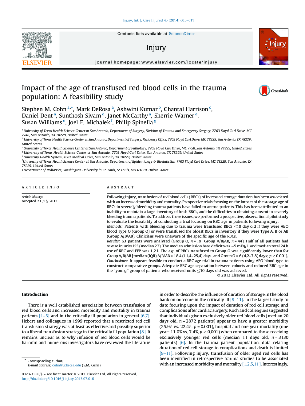 Impact of the age of transfused red blood cells in the trauma population: A feasibility study