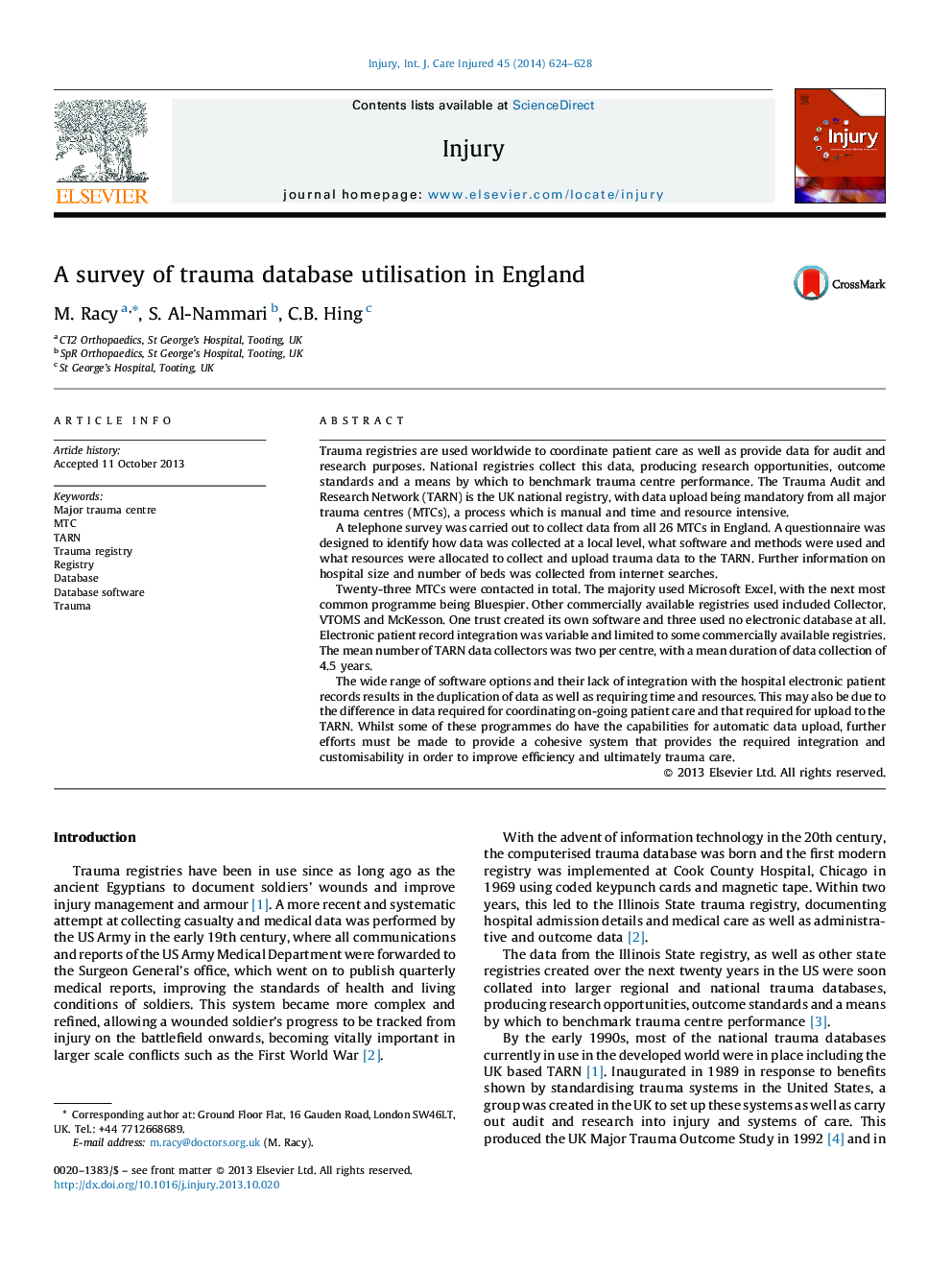 A survey of trauma database utilisation in England