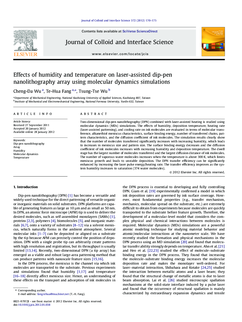 Effects of humidity and temperature on laser-assisted dip-pen nanolithography array using molecular dynamics simulations