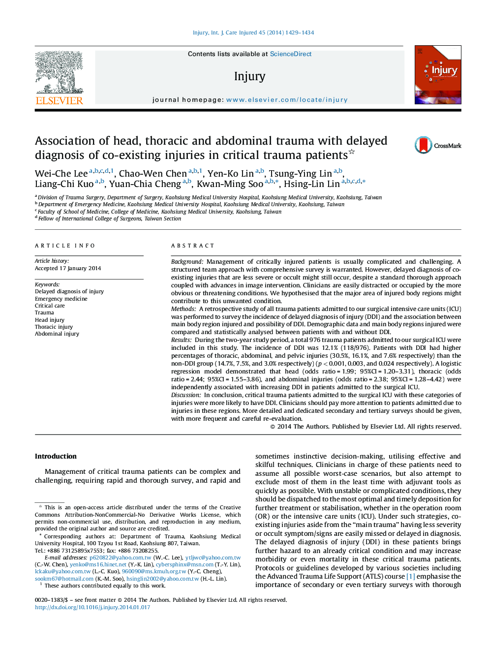 Association of head, thoracic and abdominal trauma with delayed diagnosis of co-existing injuries in critical trauma patients