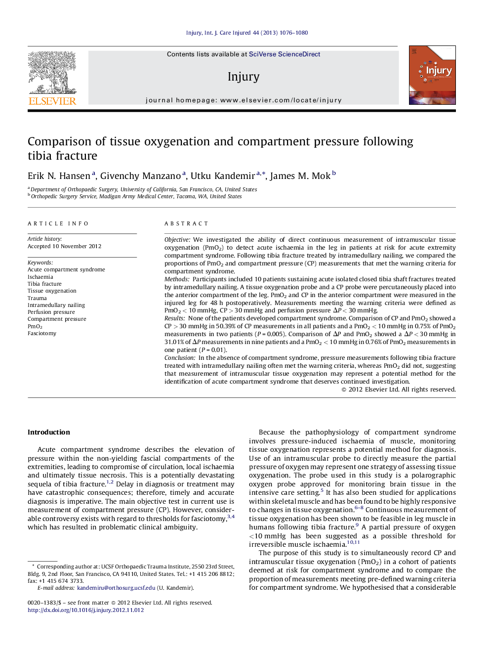 Comparison of tissue oxygenation and compartment pressure following tibia fracture