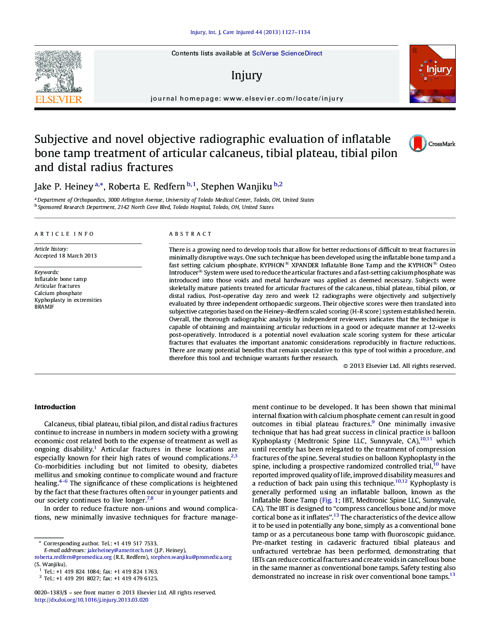 Subjective and novel objective radiographic evaluation of inflatable bone tamp treatment of articular calcaneus, tibial plateau, tibial pilon and distal radius fractures