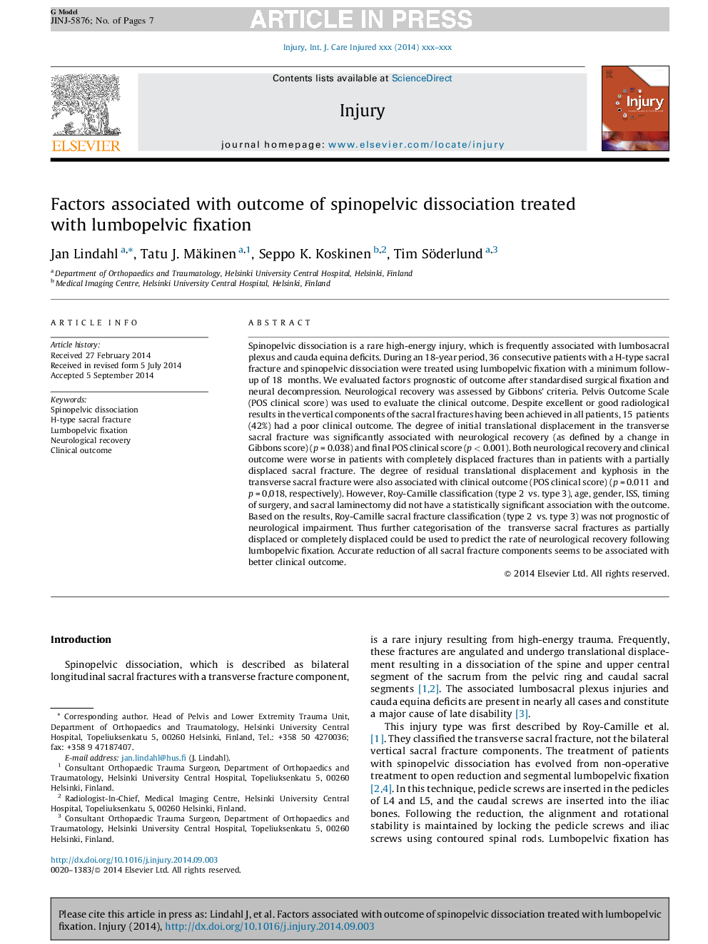 Factors associated with outcome of spinopelvic dissociation treated with lumbopelvic fixation