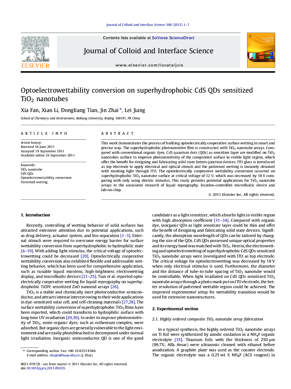 Optoelectrowettability conversion on superhydrophobic CdS QDs sensitized TiO2 nanotubes