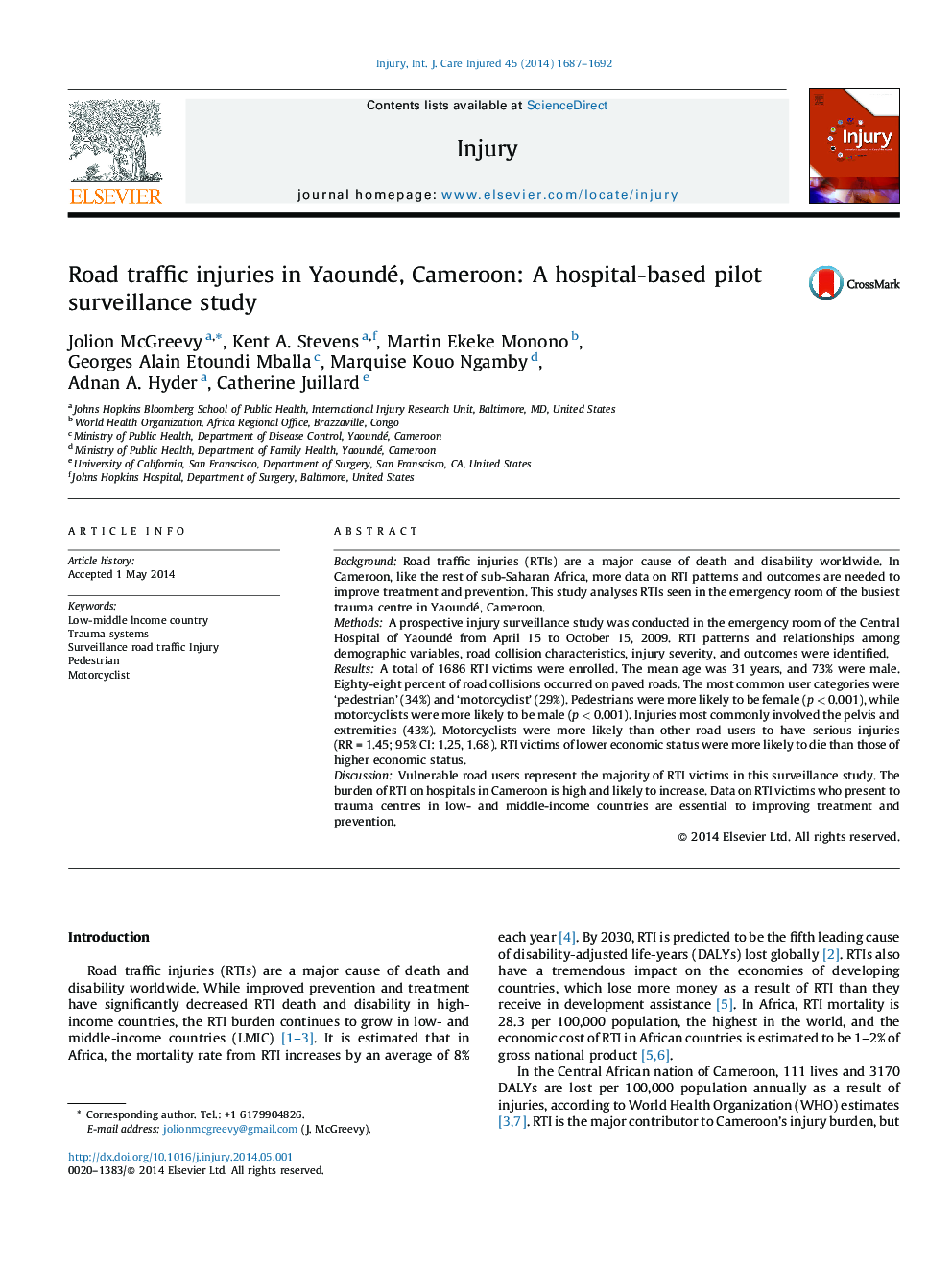 Road traffic injuries in Yaoundé, Cameroon: A hospital-based pilot surveillance study