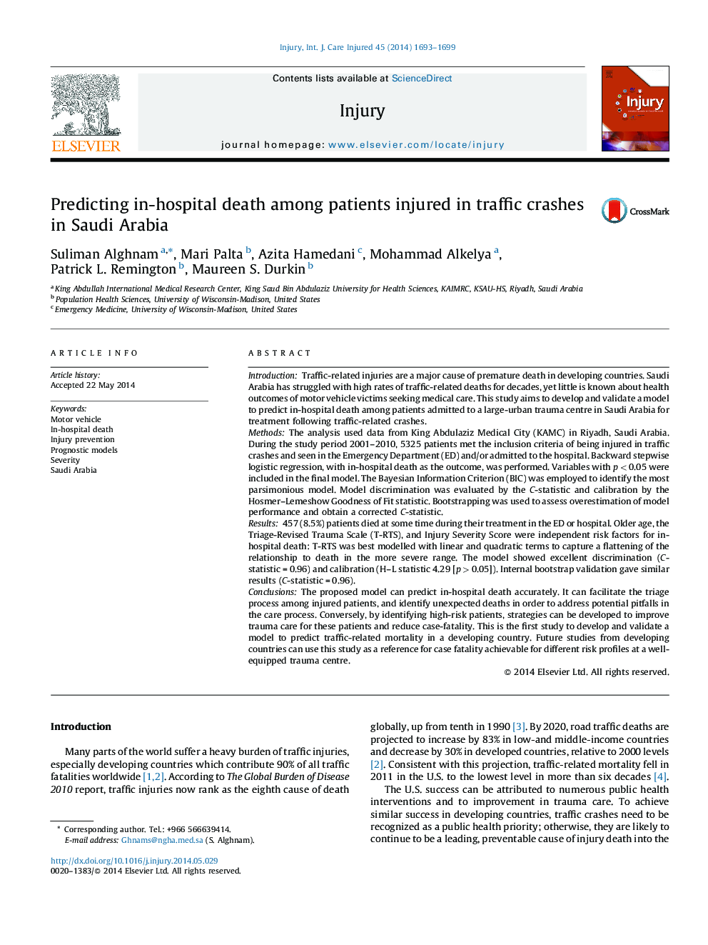 Predicting in-hospital death among patients injured in traffic crashes in Saudi Arabia