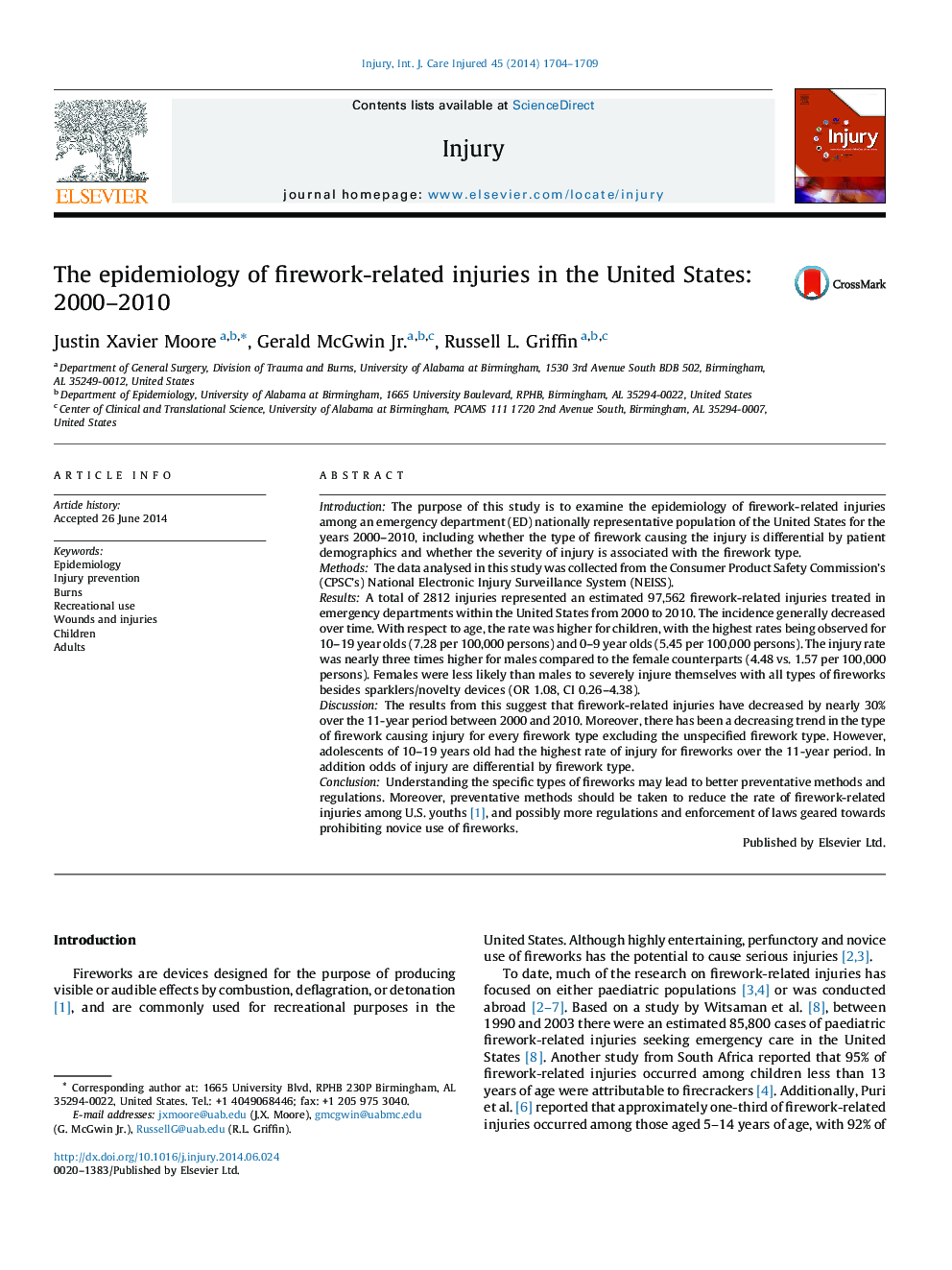 The epidemiology of firework-related injuries in the United States: 2000-2010