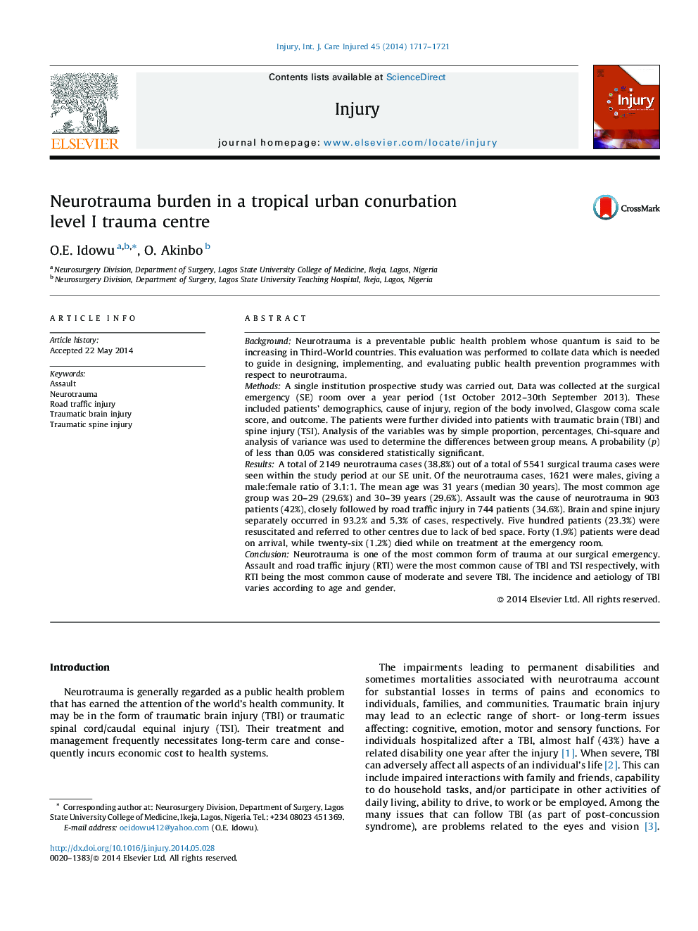 Neurotrauma burden in a tropical urban conurbation level I trauma centre