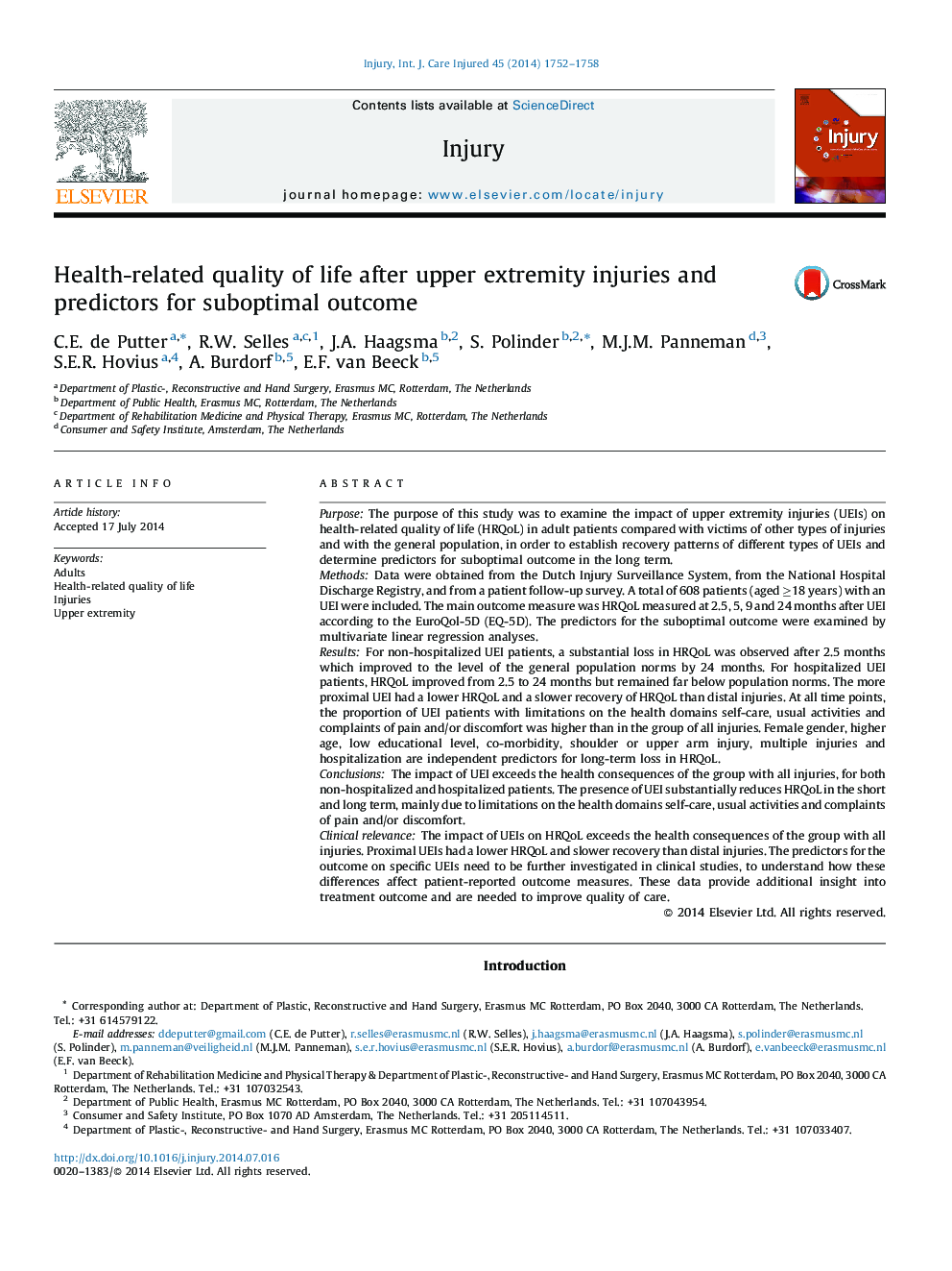 Health-related quality of life after upper extremity injuries and predictors for suboptimal outcome