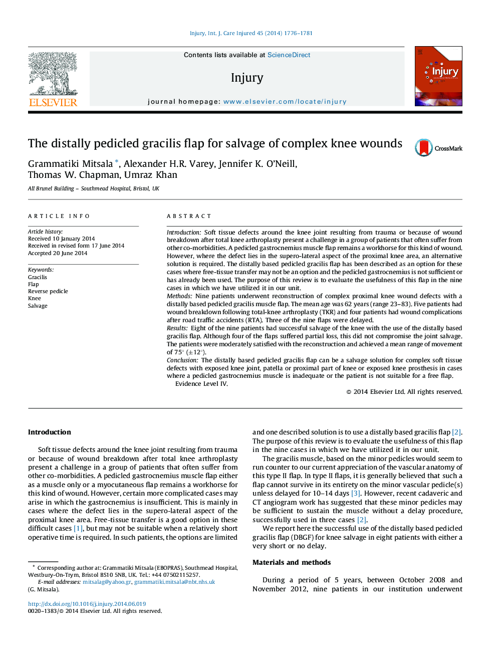 The distally pedicled gracilis flap for salvage of complex knee wounds