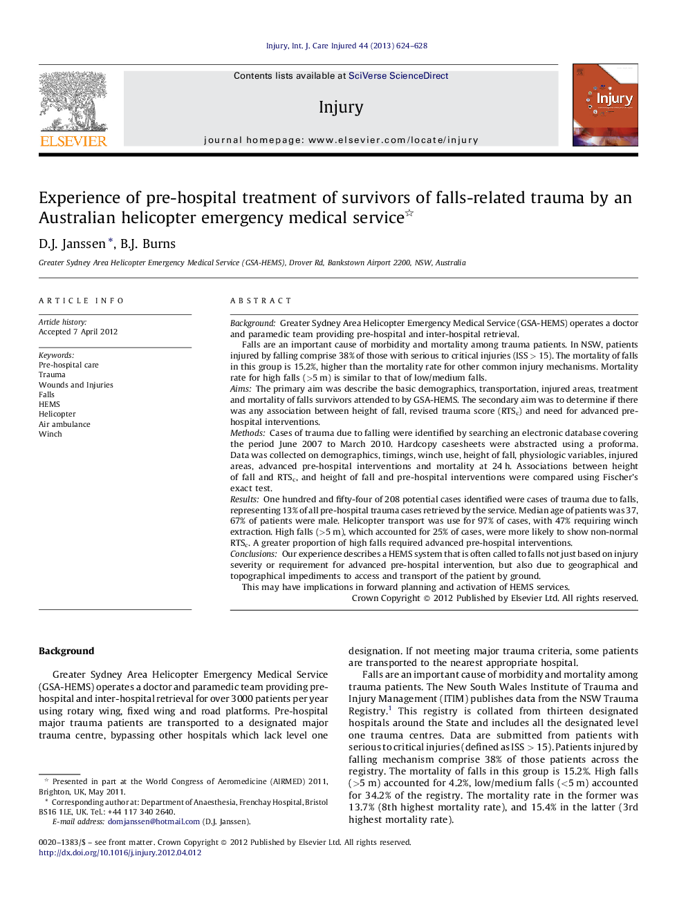 Experience of pre-hospital treatment of survivors of falls-related trauma by an Australian helicopter emergency medical service