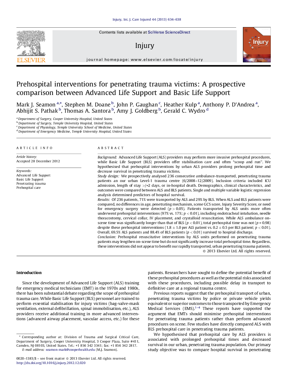 Prehospital interventions for penetrating trauma victims: A prospective comparison between Advanced Life Support and Basic Life Support