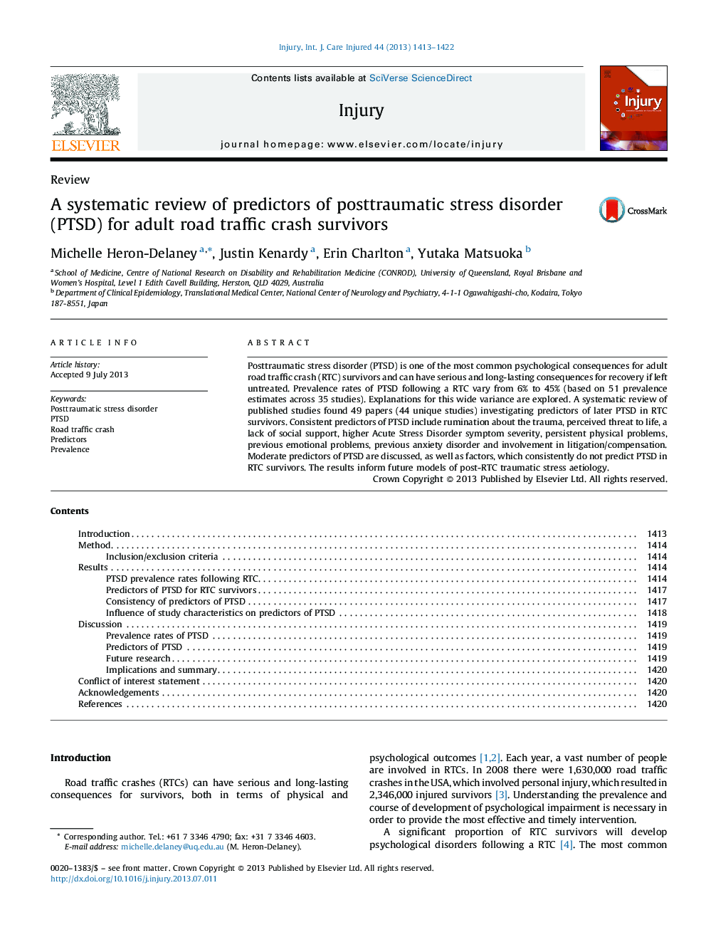 ReviewA systematic review of predictors of posttraumatic stress disorder (PTSD) for adult road traffic crash survivors