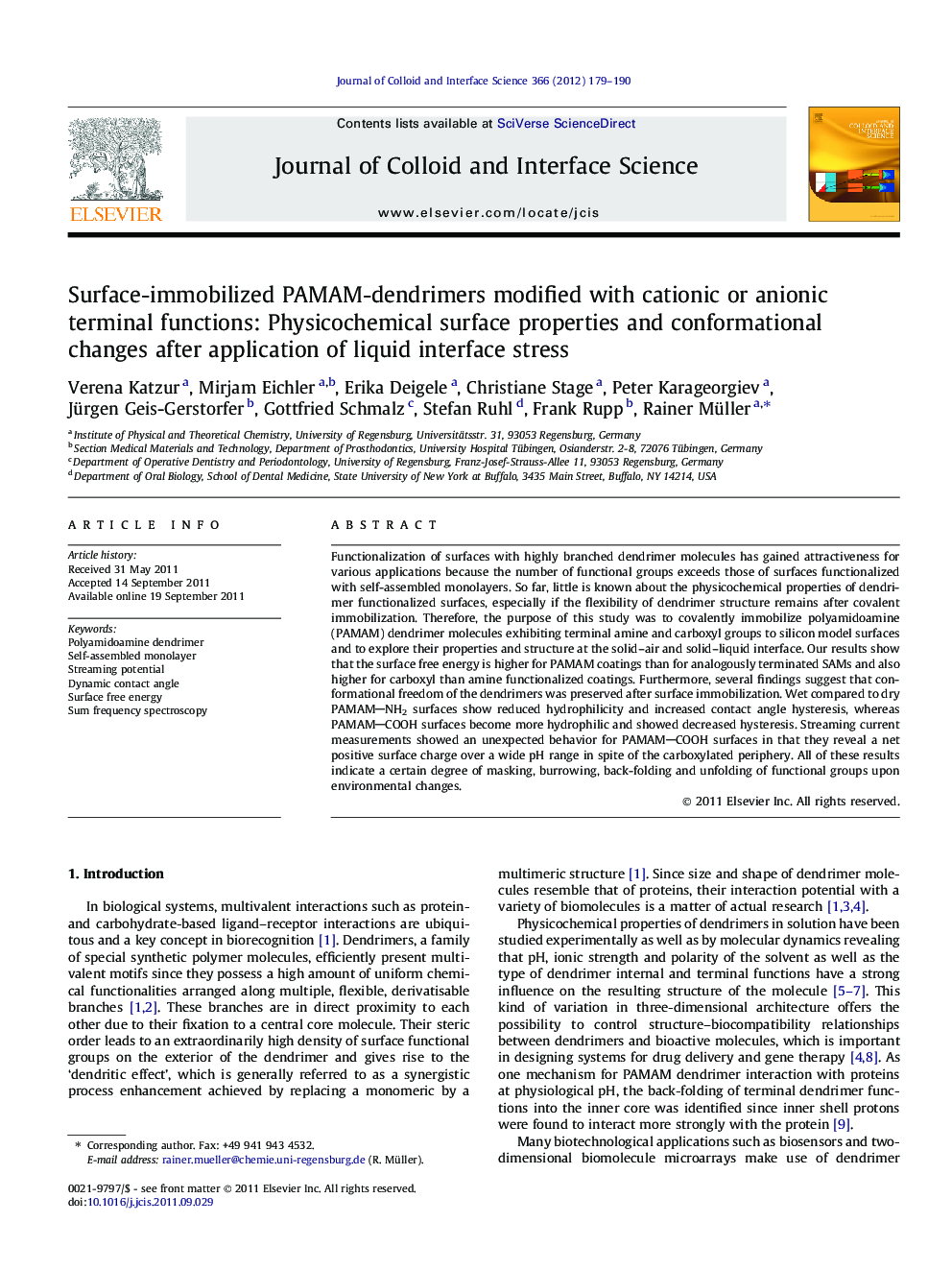 Surface-immobilized PAMAM-dendrimers modified with cationic or anionic terminal functions: Physicochemical surface properties and conformational changes after application of liquid interface stress