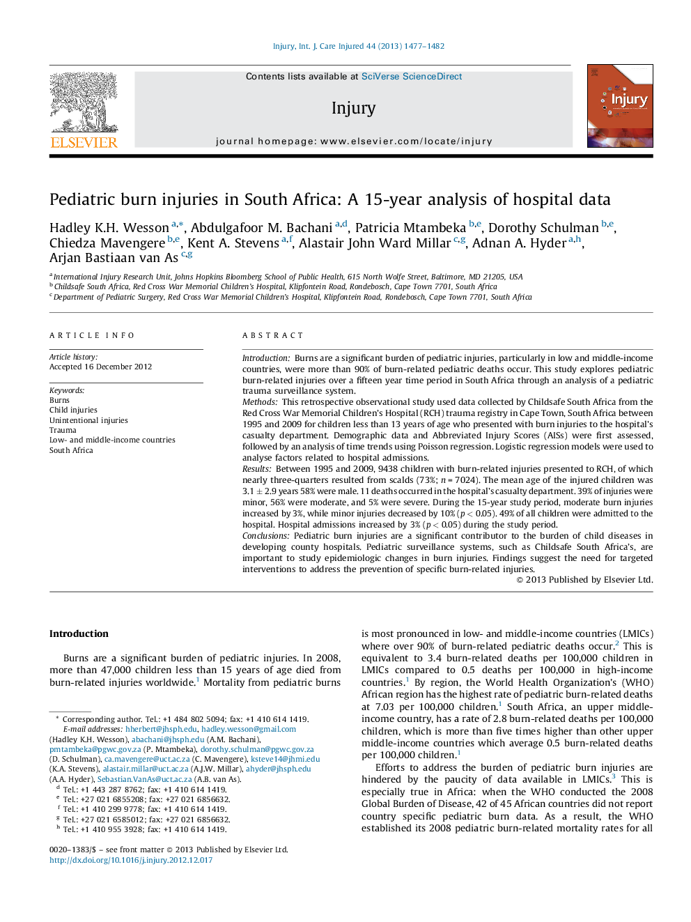 Pediatric burn injuries in South Africa: A 15-year analysis of hospital data