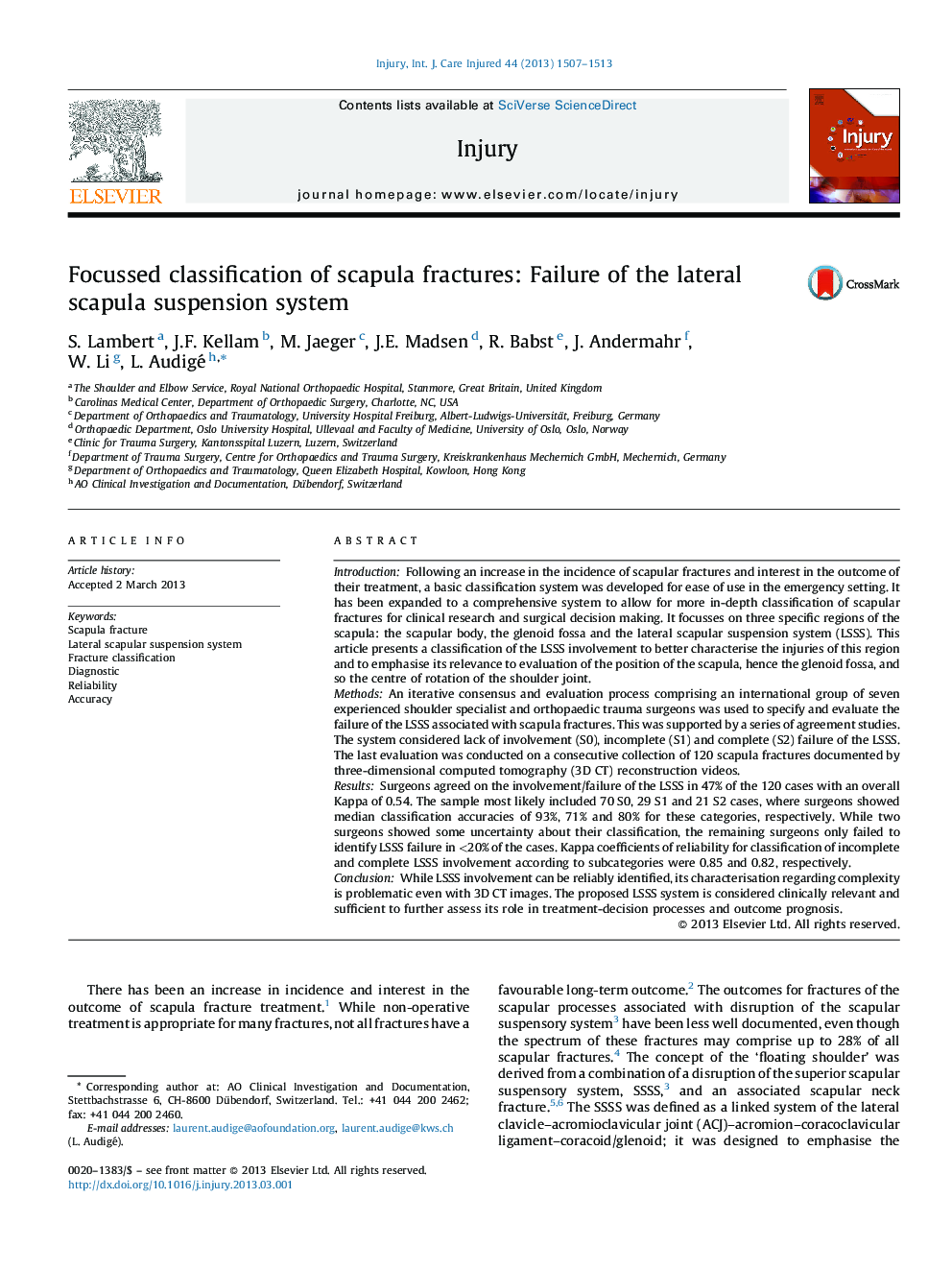 Focussed classification of scapula fractures: Failure of the lateral scapula suspension system