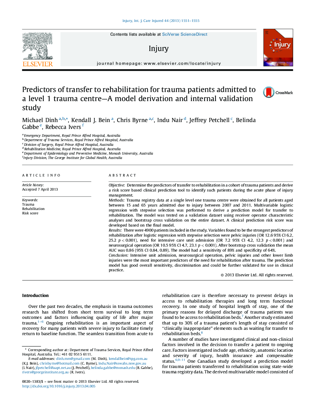 Predictors of transfer to rehabilitation for trauma patients admitted to a level 1 trauma centre-A model derivation and internal validation study